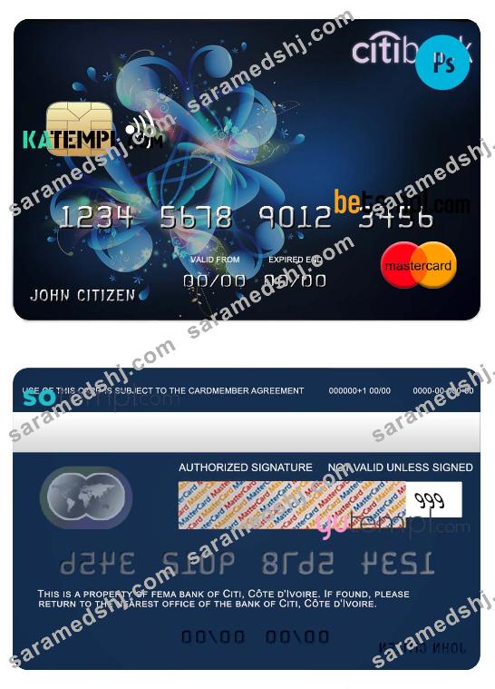 Côte d’Ivoire Citi bank mastercard credit card template in PSD format, fully editable